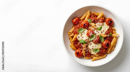 Top view penne pasta in clean white background