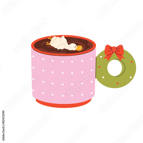 Cute Christmas Mugs with Christmas tree, cacao, whipped cream, marshmallow, gingerbread and candy cane. Seasonal flavored products, cards for New Year or winter holidays. Vector flat illustration