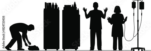 Black Silhouettes of Medical Personnel, Patient, Cabinets with Supplies, and IV Drip Stand, Representing Hospital Care and Health Services.