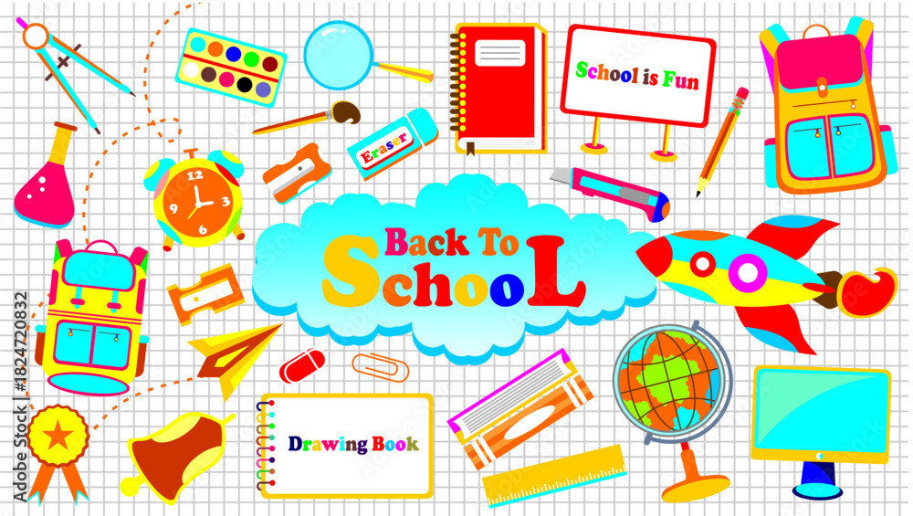 Obraz premium Back to school banner. Back to school concept vector. Library themed set elements. School stationery stickers on grid paper. Set of education elements. Collection of education school icons. 