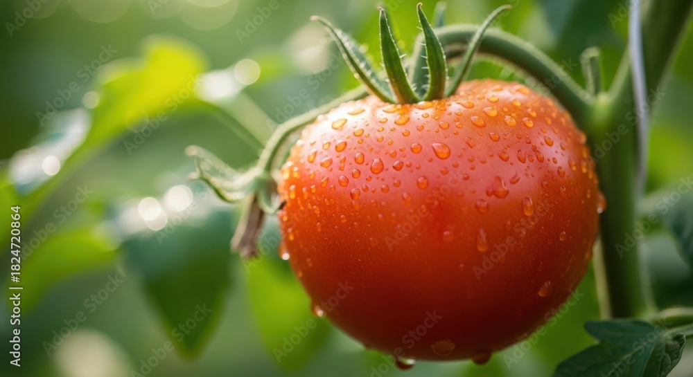 Obraz premium Vibrant fresh red tomato with dewdrops on vine, organic garden