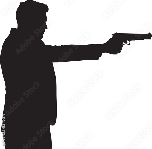Man with Handgun Silhouette Aiming: Serious Shooter, Weapon Holding, Pistol Target Vector