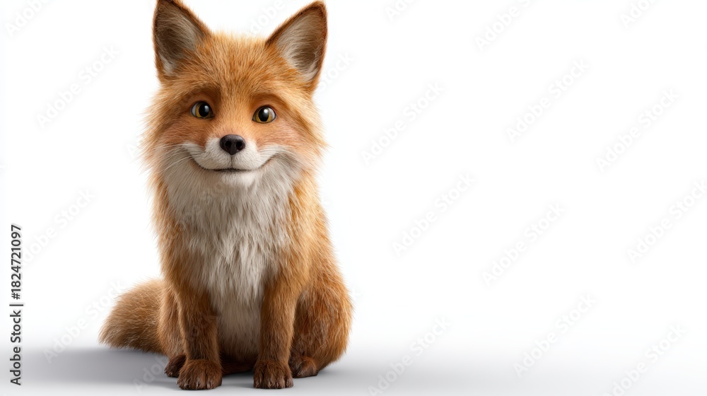 Naklejka premium A cute cartoon fox with a friendly expression sits against a light background, This image can be used in children's books, educational materials, or marketing for pet-related products,