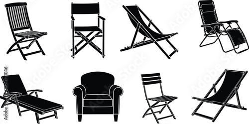 Black Silhouettes Set of Different Chairs Including Deck, Folding, Director's, and Lounge Chairs, Representing Furniture, Leisure, and Outdoor Seating.