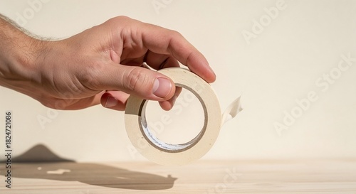 White man holding masking tape roll against beige background with copy space