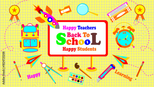 Back to school banner. Back to school concept vector. Library themed set elements. School stationery stickers on grid paper. Set of education elements. Collection of education school icons. 