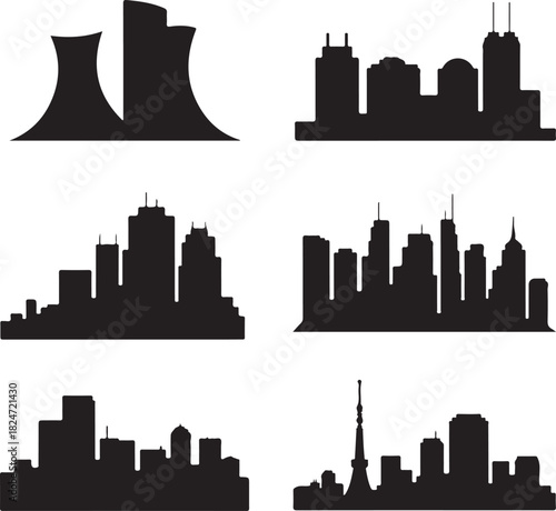 City skyline silhouette illustration with various cityscape designs and nuclear plant