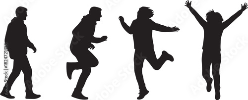 Silhouettes of people walking, running, and jumping in celebration