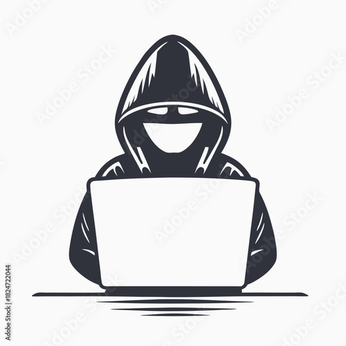 Anonymous silhouette figure in a hoodie uses laptop to hack a system quickly