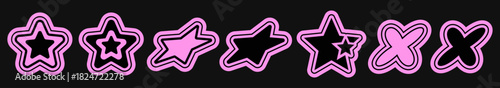 Neon glow star icons in a y2k style. Bright pink outlines create a dreamy cosmic vibe. Smooth shifting shapes. Set of glowing elements, perfect for patterns, stickers, and creative projects.