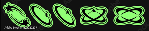 Y2K smooth neon green abstract shapes in a row on black background, layered rounded frames with star cutout, dynamic futuristic design elements for banners, labels, stickers and layout decor.