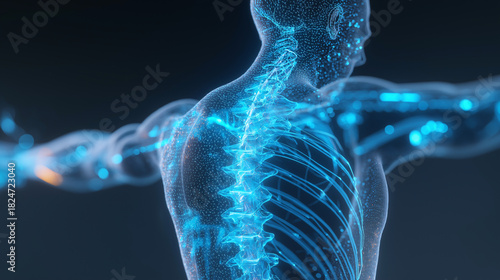 Glowing blue holographic human skeleton with highlighted spine, digital anatomy visualization, futuristic medical technology, dynamic pose, scientific innovation