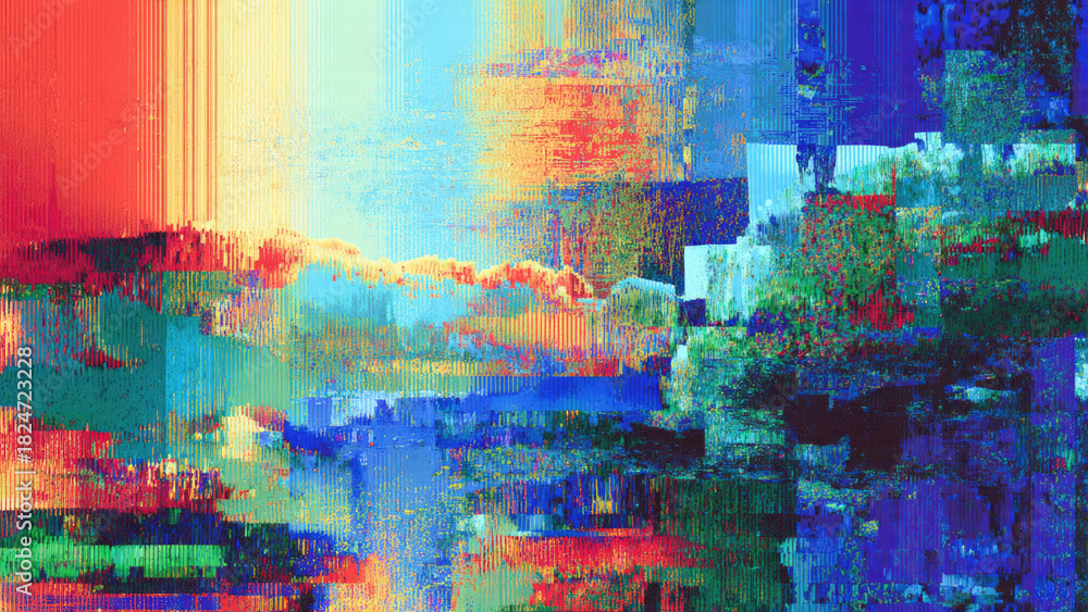 Obraz premium Vibrant abstract digital art featuring a fragmented landscape with strong vertical lines and pixelation, creating a colorful glitch aesthetic.