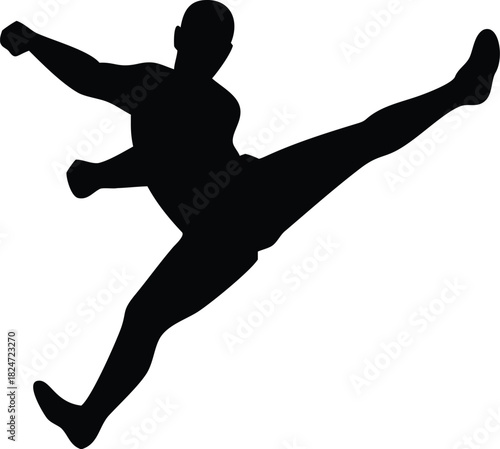 Taekwondo fighter jump kick silhouette vector, martial arts combat pose for sports posters, training academy branding, t-shirt prints, high contrast, editable EPS, dynamic action design.
