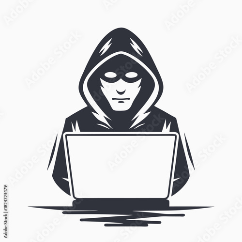 A hooded character, appearing to be a hacker, works intensely at a laptop computer