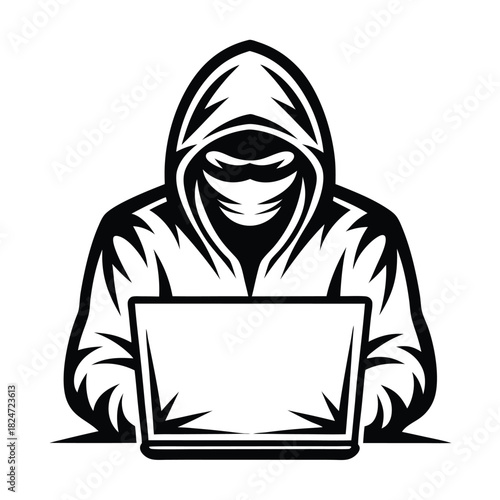 A hooded character works at a laptop, the monochrome design suggests anonymity and cyber activity