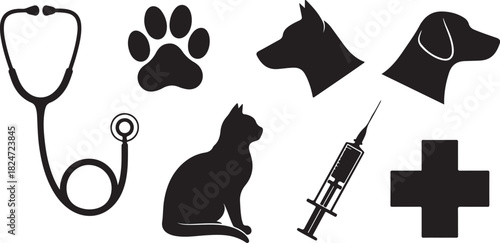 Veterinary Icons: Stethoscope, Paw Print, Cat, Dog, Syringe, and Medical Cross