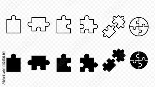 Set of puzzle pieces icons in black and white line art and solid fill on transparent background jigsaw