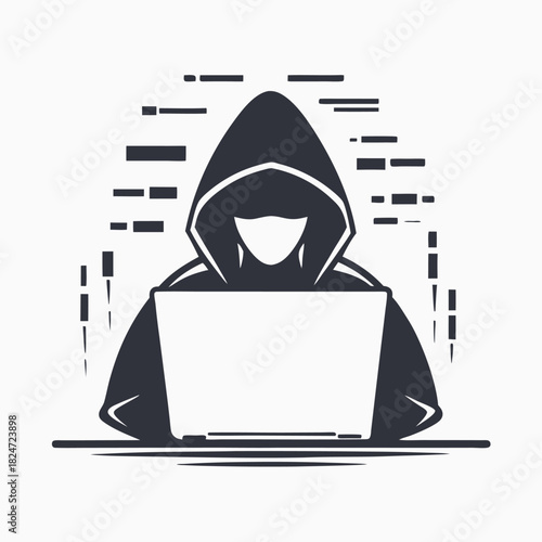 Faceless hooded hacker in dark coding style operates a laptop with intent
