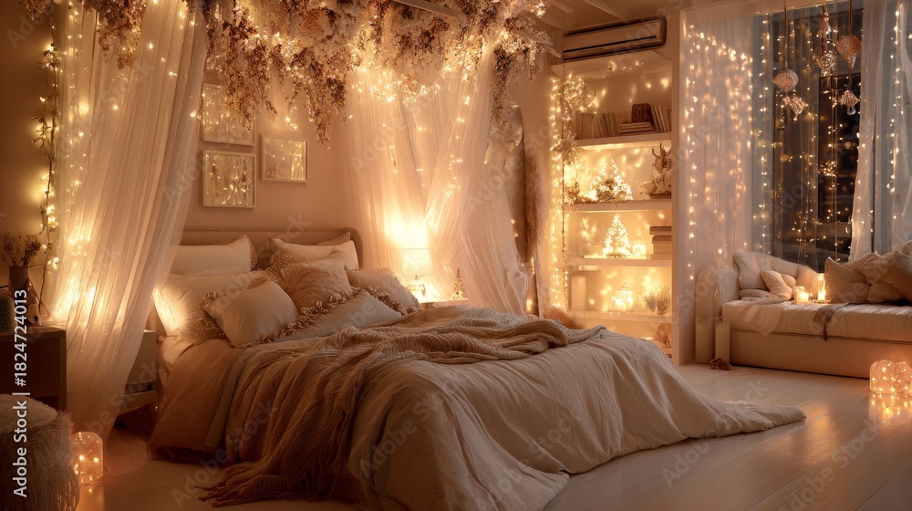 Obraz premium A cozy Christmas bedroom adorned with fairy lights, garlands, and soft blankets, bathed in warm dreamy lighting for a festive holiday atmosphere.