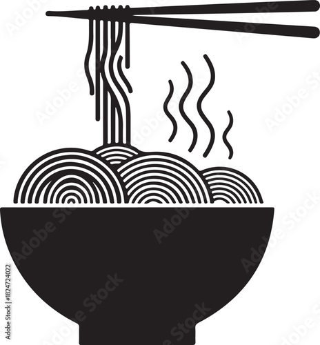 Steaming Bowl of Noodles with Chopsticks - Minimalist Black and White Illustration