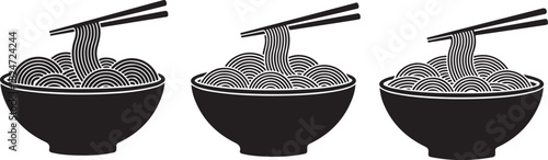 Three Bowls of Noodles with Chopsticks - Black and White Iconography