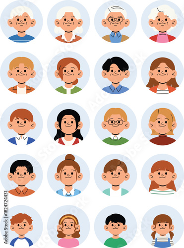 portrait people character icon set, collection photo id male and female cartoon flat vector, face family person in circle frame illustration