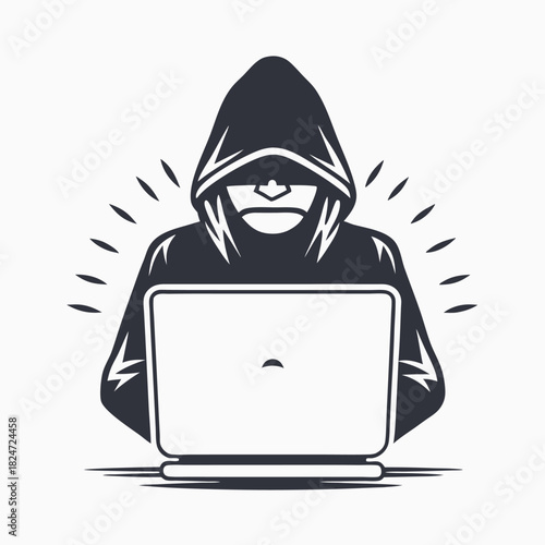 Anonymous monochrome hacker wearing a hooded sweatshirt is using a laptop in dark silhouette