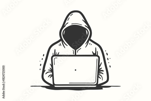 Anonymous figure in hooded sweatshirt works on the laptop, creating mysterious digital activities