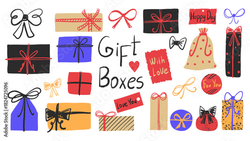 Gift boxes and bows vector hand drawn set. Different Illustrations of various packages  with ribbons and bows, tags with inscriptions. Holiday stickers