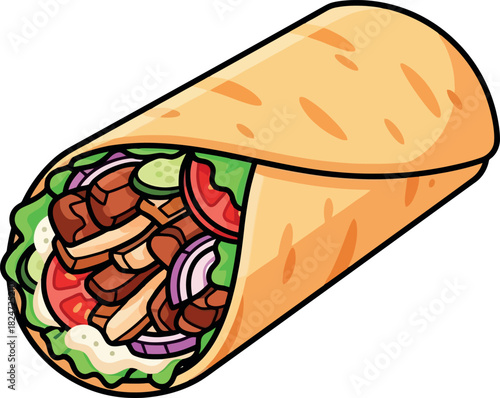 Delicious Shawarma Wrap with Fresh Vegetables and Meat.