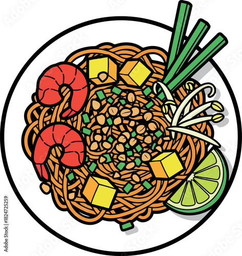 Overhead View of Pad Thai with Shrimp and Lime.