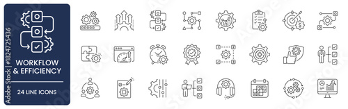 Business Operations and Workflow Efficiency Line Icon Set with Editable Stroke. Collection of optimization, process flow, automation, productivity, algorithm, quality assurance, and strategy symbols.