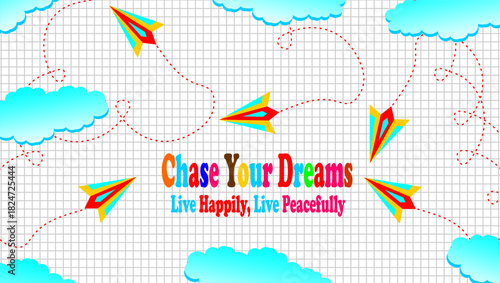 School themed banner. Paper notebook background for banner. Colorful paper planes on a grid-paper background. Cheerful school-themed design. Chase your dream quote design. 