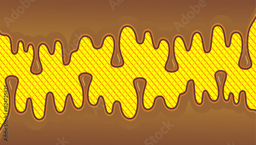 Wavy chocolate drip illustration. Choco border fresh dripped illustration background. Chocolate dripping on waffle pattern background. Dripping ice cream illustration. Melting syrup illustration.