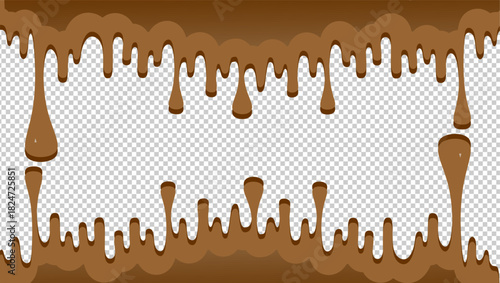 Wavy chocolate drip illustration. Choco border fresh dripped illustration background. Chocolate dripping on transparent pattern background. Dripping ice cream illustration. Melting syrup illustration.