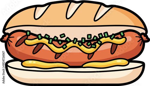 Cartoon Hot Dog with Mustard and Green Toppings on a Plate.