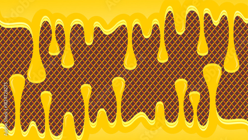 Wavy honey drip illustration. Honey border fresh dripped illustration background. Honey dripping on waffle pattern background. Dripping ice cream illustration. Melting syrup illustration.