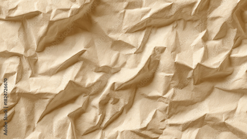 Obraz premium A detailed close-up of deeply crumpled light brown paper, showcasing its textured surface with numerous folds and creases.