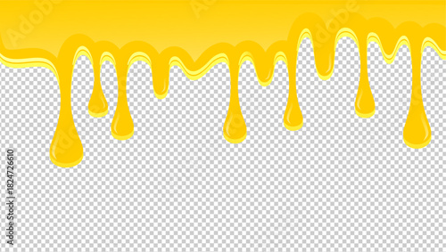 Wavy honey drip illustration. Honey border fresh dripped illustration background. Honey dripping on wtransparent pattern background. Dripping ice cream illustration. Melting syrup illustration.