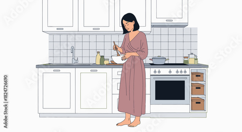 Woman cooking in kitchen home cooking recipe preparation healthy eating modern kitchen design and style