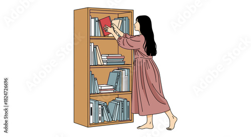 Woman organizing books on bookshelf home library study room reading nook education knowledge literature
