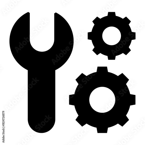 Icono de mantenimiento. Reparación técnica. Llave inglesa acompañada de dos engranajes mecánicos. Ilustración vectorial