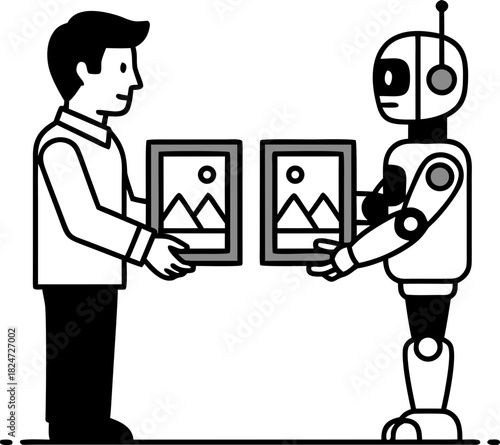 A human and a robot are holding identical paintings, the concept of copyright infringement by artificial intelligence, the theft of ideas by a neural network, and plagiarism problems.