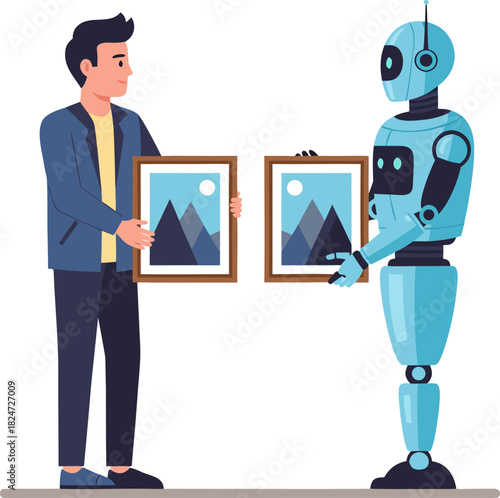 A human and a robot are holding identical paintings, the concept of copyright infringement by artificial intelligence, the theft of ideas by a neural network, and plagiarism problems.