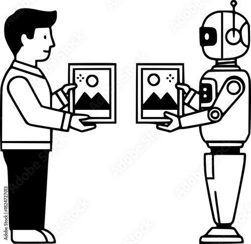 A human and a robot are holding identical paintings, the concept of copyright infringement by artificial intelligence, the theft of ideas by a neural network, and plagiarism problems.