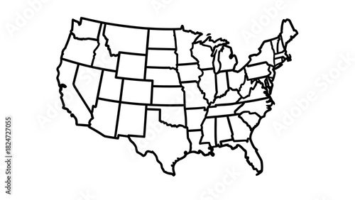 Outline map of the continental United States showing state borders, without Alaska or Hawaii.