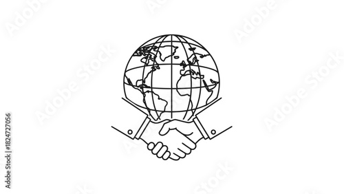A simple line art icon of a handshake below a wireframe globe, symbolizing global partnership and international agreement.