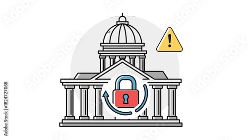 Government building with a padlock and warning sign, symbolizing security and potential issues.