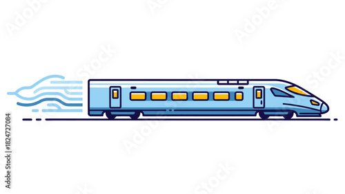 Illustration of a high-speed train traveling rapidly across a landscape, conveying speed.